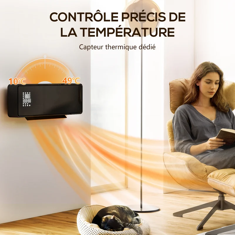 Chauffage mural soufflant salon 54 x 18,7 x 12,3 cm programmable thermostat économique moderne épuré en céramique noire 21_0001143