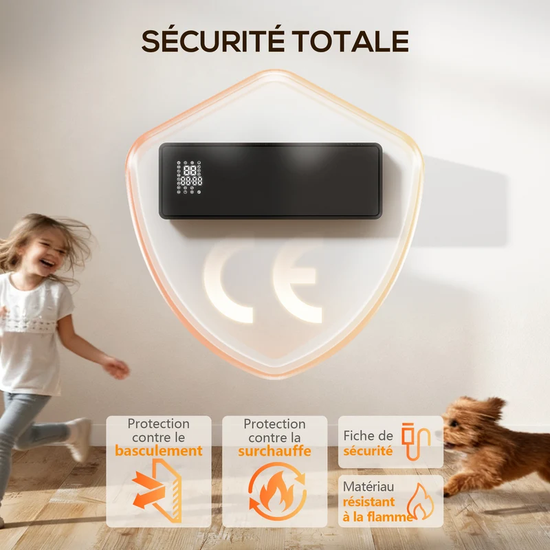 Chauffage mural soufflant salon 54 x 18,7 x 12,3 cm programmable thermostat économique moderne épuré en céramique noire 21_0001143
