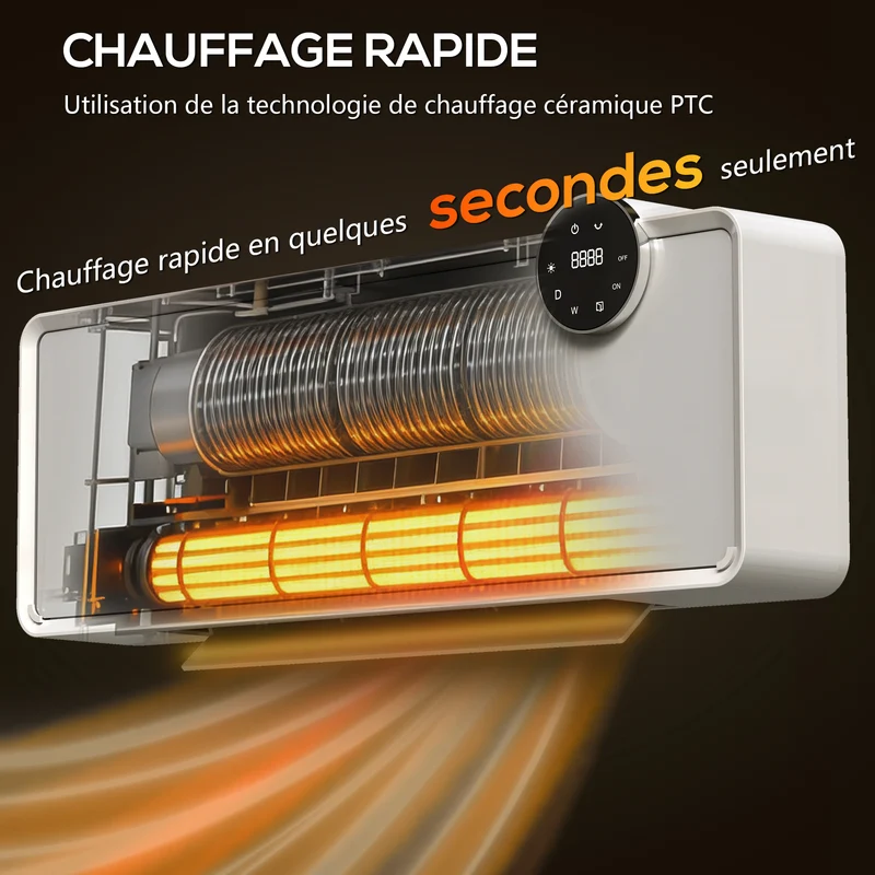 Chauffage mural programmable 54 x 18,7 x 12,3 cm chaleur rapide thermostat numérique précis moderne épuré en verre blanc 21_0001145