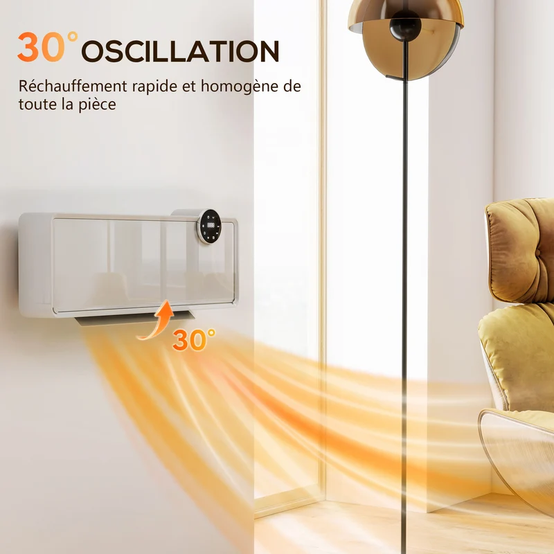 Chauffage mural programmable 54 x 18,7 x 12,3 cm chaleur rapide thermostat numérique précis moderne épuré en verre blanc 21_0001145
