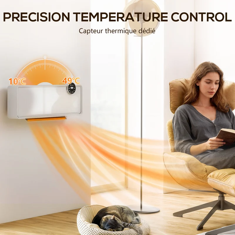 Chauffage mural programmable 54 x 18,7 x 12,3 cm chaleur rapide thermostat numérique précis moderne épuré en verre blanc 21_0001145
