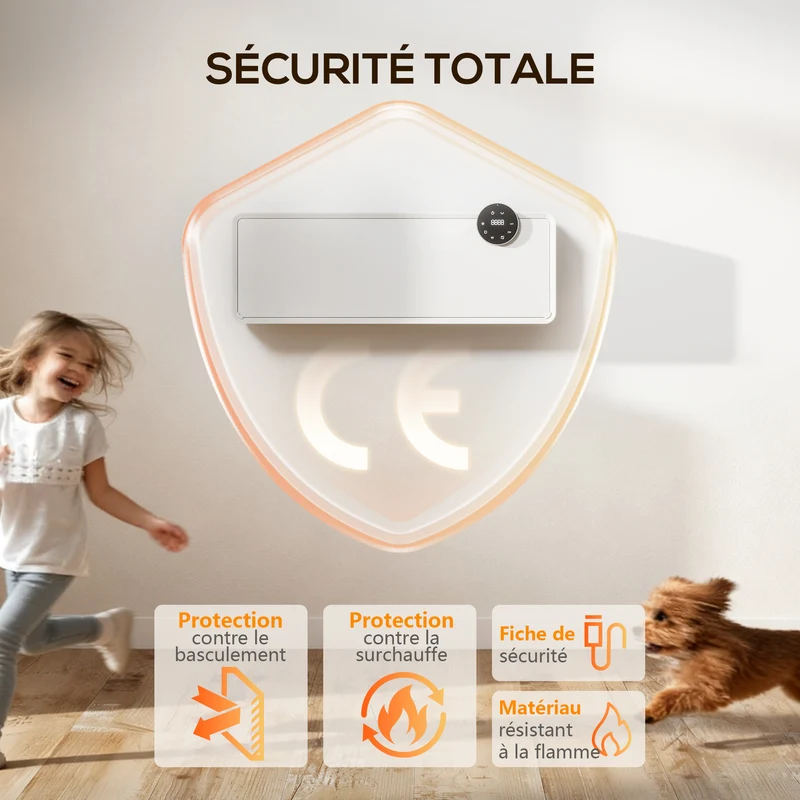 Chauffage mural programmable 54 x 18,7 x 12,3 cm chaleur rapide thermostat numérique précis moderne épuré en verre blanc 21_0001145