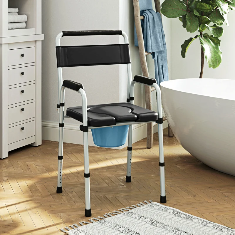 Chaise percée pliable pour toilette et bain 52,5 x 46 x 97 cm hauteur réglable antidérapante épuré moderne en acier noir 21_0000914