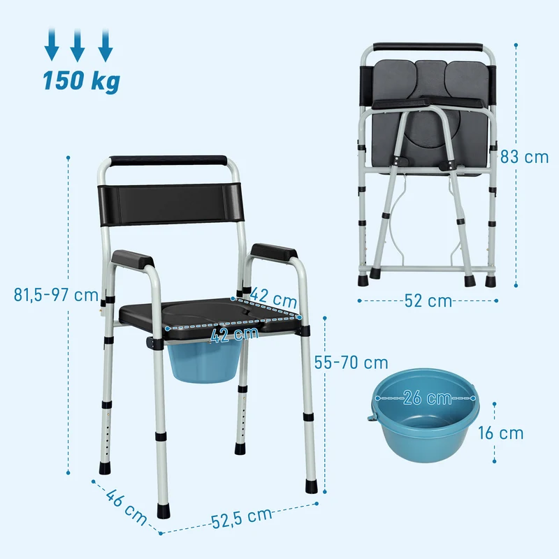 Chaise percée pliable pour toilette et bain 52,5 x 46 x 97 cm hauteur réglable antidérapante épuré moderne en acier noir 21_0000914