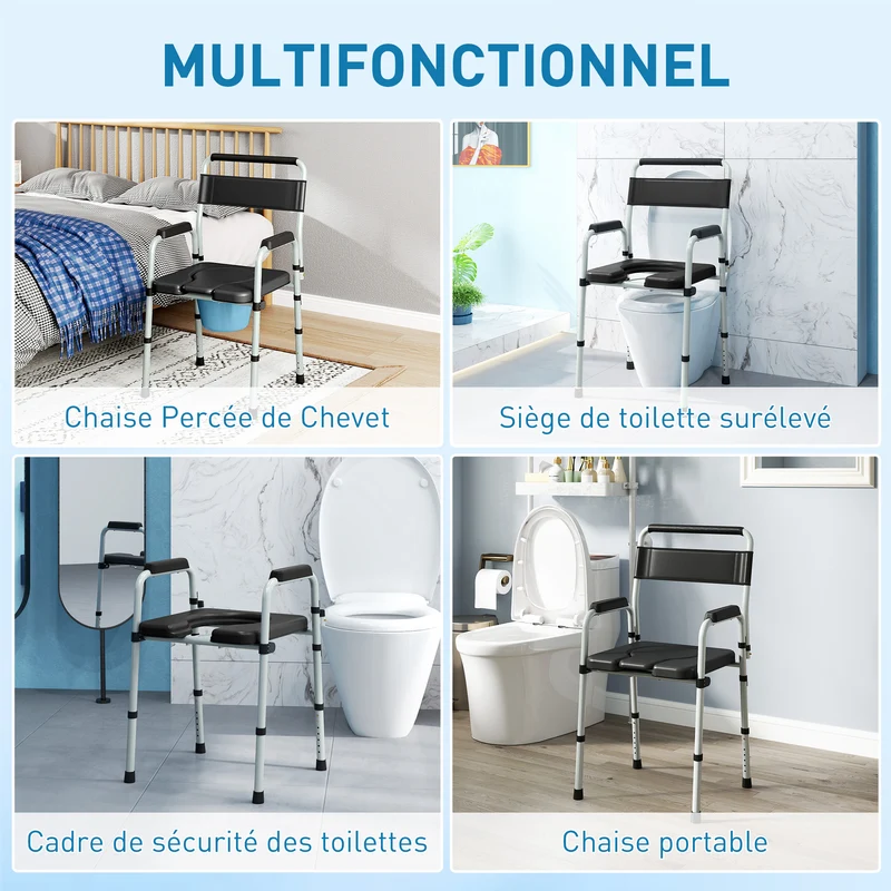 Chaise percée pliable pour toilette et bain 52,5 x 46 x 97 cm hauteur réglable antidérapante épuré moderne en acier noir 21_0000914