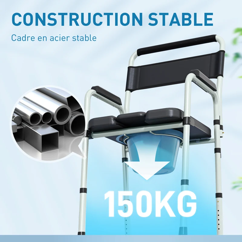Chaise percée pliable pour toilette et bain 52,5 x 46 x 97 cm hauteur réglable antidérapante épuré moderne en acier noir 21_0000914