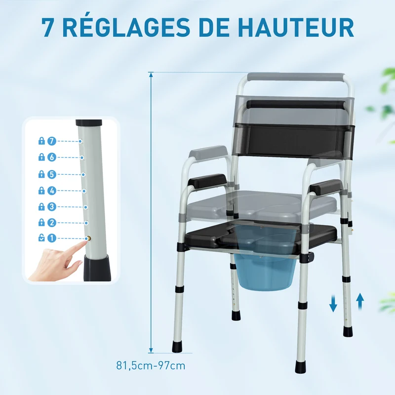 Chaise percée pliable pour toilette et bain 52,5 x 46 x 97 cm hauteur réglable antidérapante épuré moderne en acier noir 21_0000914