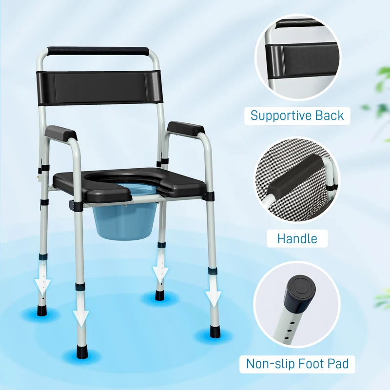 Chaise percée pliable pour toilette et bain 52,5 x 46 x 97 cm hauteur réglable antidérapante épuré moderne en acier noir 21_0000914