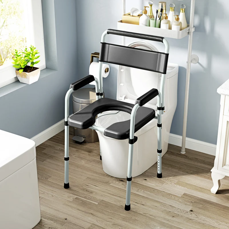 Chaise percée pliable pour toilette et bain 52,5 x 46 x 97 cm hauteur réglable antidérapante épuré moderne en acier noir 21_0000914