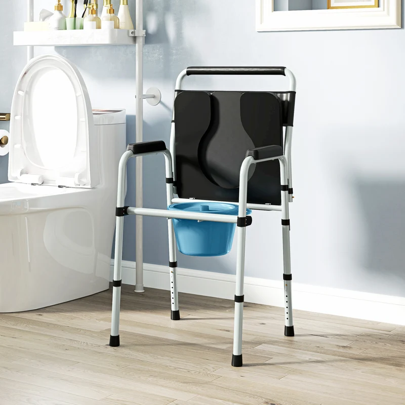 Chaise percée pliable pour toilette et bain 52,5 x 46 x 97 cm hauteur réglable antidérapante épuré moderne en acier noir 21_0000914