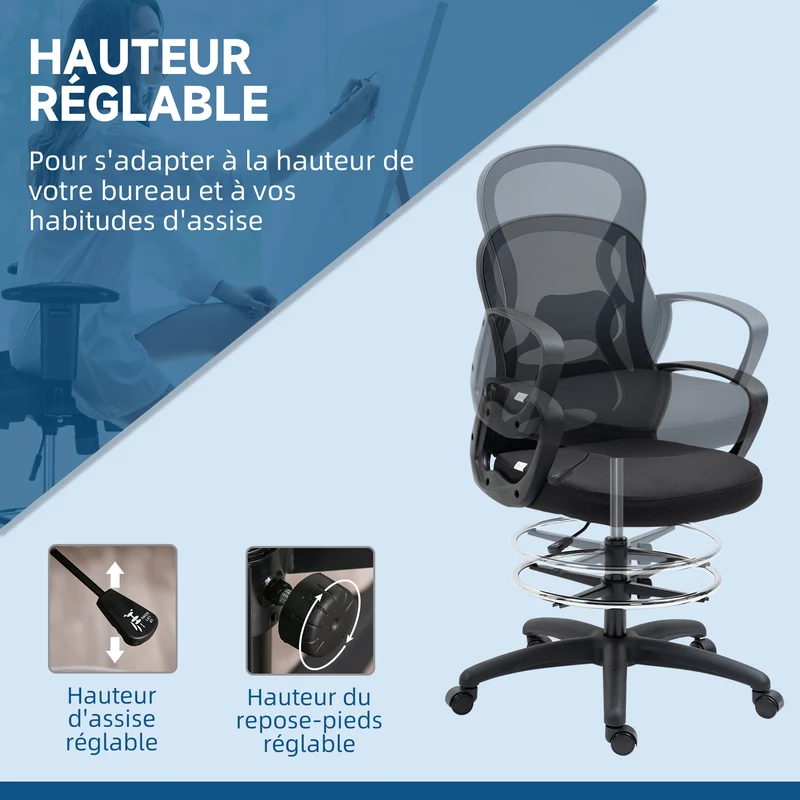 Chaise de bureau assise haute 59 x 65 x 123 cm hauteur réglable soutien lombaire moderne contemporain en maille noir 21_0006235