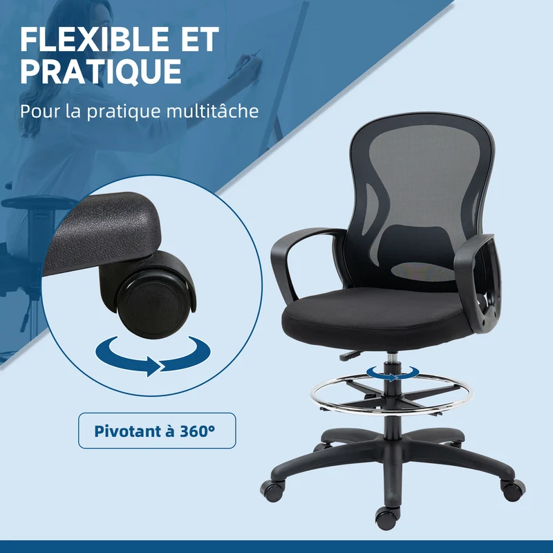 Chaise de bureau assise haute 59 x 65 x 123 cm hauteur réglable soutien lombaire moderne contemporain en maille noir 21_0006235