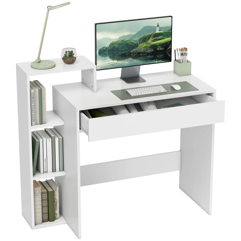 Bureau d'ordinateur compact 100 x 40 x 90 cm 3 étagères et tiroir gain de place moderne en panneau de particules blanc 21_0002542