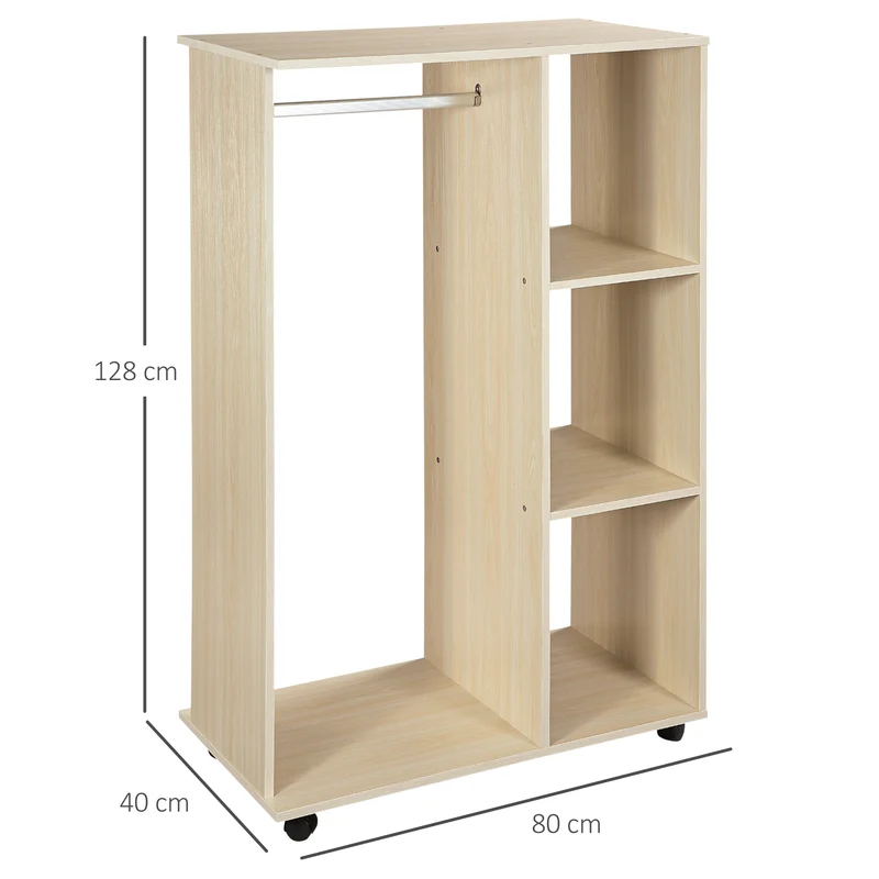 Armoire penderie 80 x 40 x 128 cm étagère et trois casiers sur roulettes moderne en panneaux de particules chêne clair 21_0001403