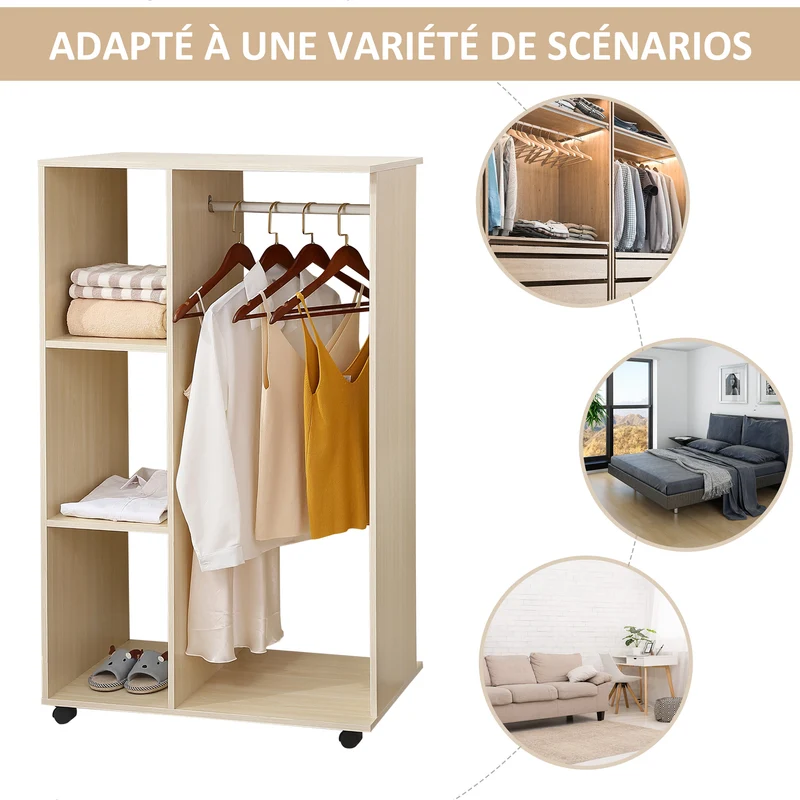 Armoire penderie 80 x 40 x 128 cm étagère et trois casiers sur roulettes moderne en panneaux de particules chêne clair 21_0001403