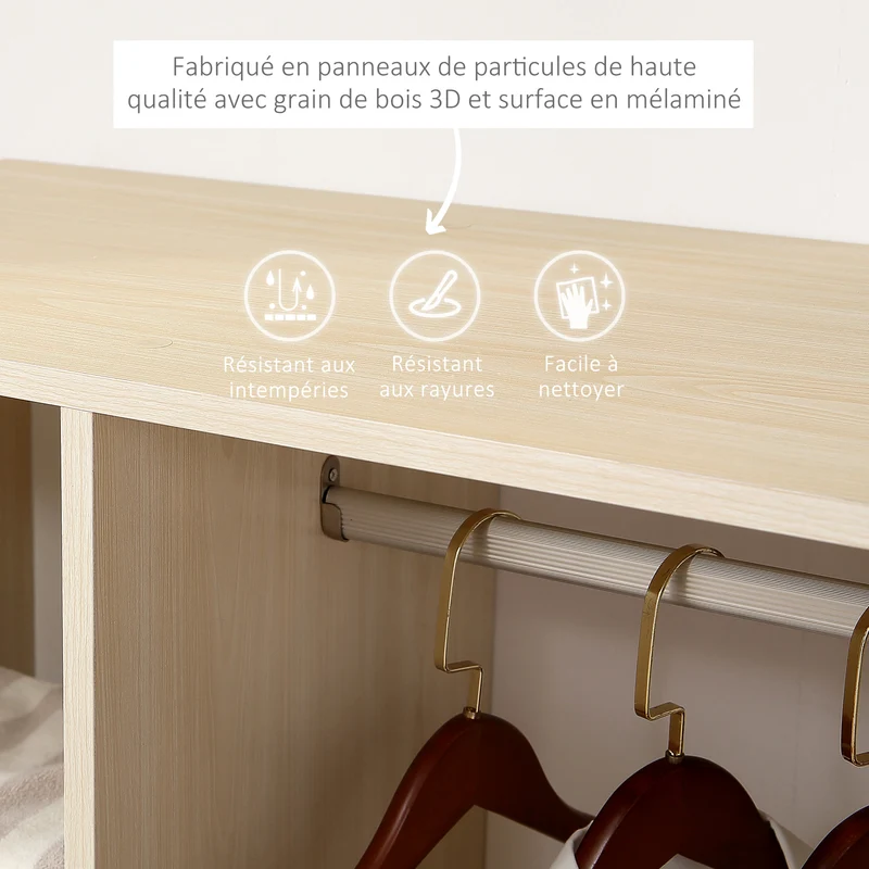 Armoire penderie 80 x 40 x 128 cm étagère et trois casiers sur roulettes moderne en panneaux de particules chêne clair 21_0001403