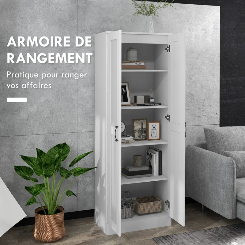Armoire de rangement 2 portes 60 x 36.5 x 175 cm gain de place 5 étagères réglables contemporain salon en MDF blanc 21_0002922