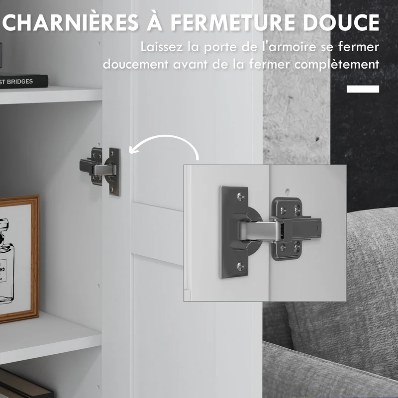 Armoire de rangement 2 portes 60 x 36.5 x 175 cm gain de place 5 étagères réglables contemporain salon en MDF blanc 21_0002922