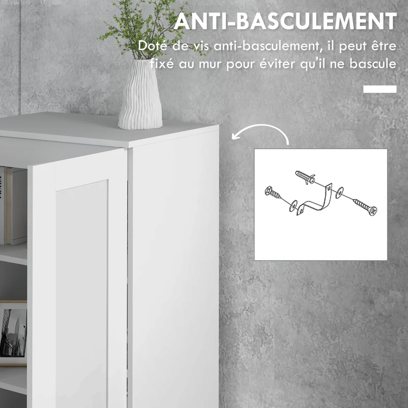 Armoire de rangement 2 portes 60 x 36.5 x 175 cm gain de place 5 étagères réglables contemporain salon en MDF blanc 21_0002922
