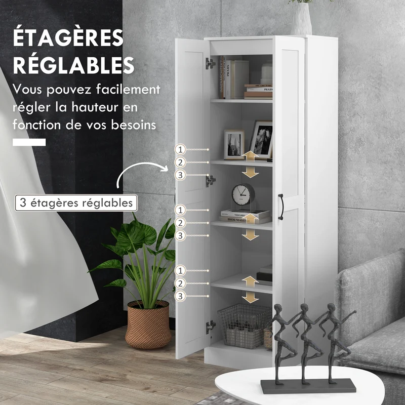 Armoire de rangement 2 portes 60 x 36.5 x 175 cm gain de place 5 étagères réglables contemporain salon en MDF blanc 21_0002922
