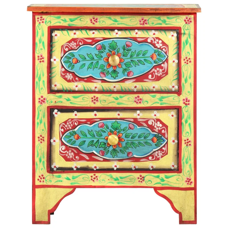 Table de chevet peinte à la main avec deux tiroirs 40 x 30 x 50 cm bois de manguier multicolore DEC034545