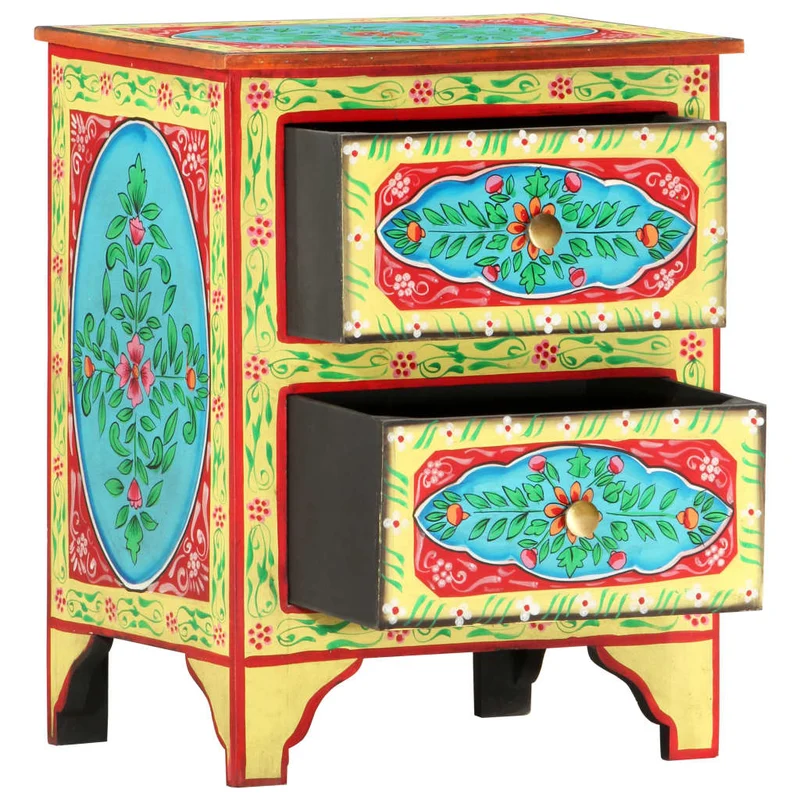 Table de chevet peinte à la main avec deux tiroirs 40 x 30 x 50 cm bois de manguier multicolore DEC034545
