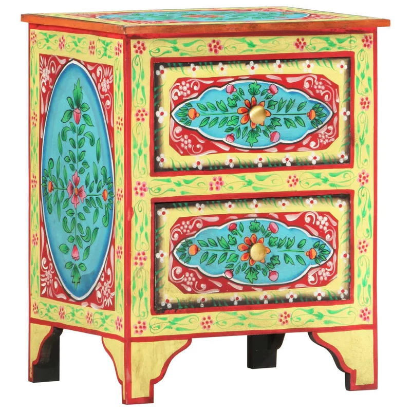 Table de chevet peinte à la main avec deux tiroirs 40 x 30 x 50 cm bois de manguier multicolore DEC034545
