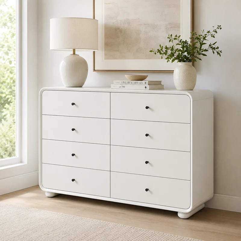 Rounded Edge Design, White Or Peacock Blue Finish Storage Cabinet - Nordic Cabinet With 5/8 Drawers, Durable MDF, Chest Of Drawers For Home Organization For Living Room