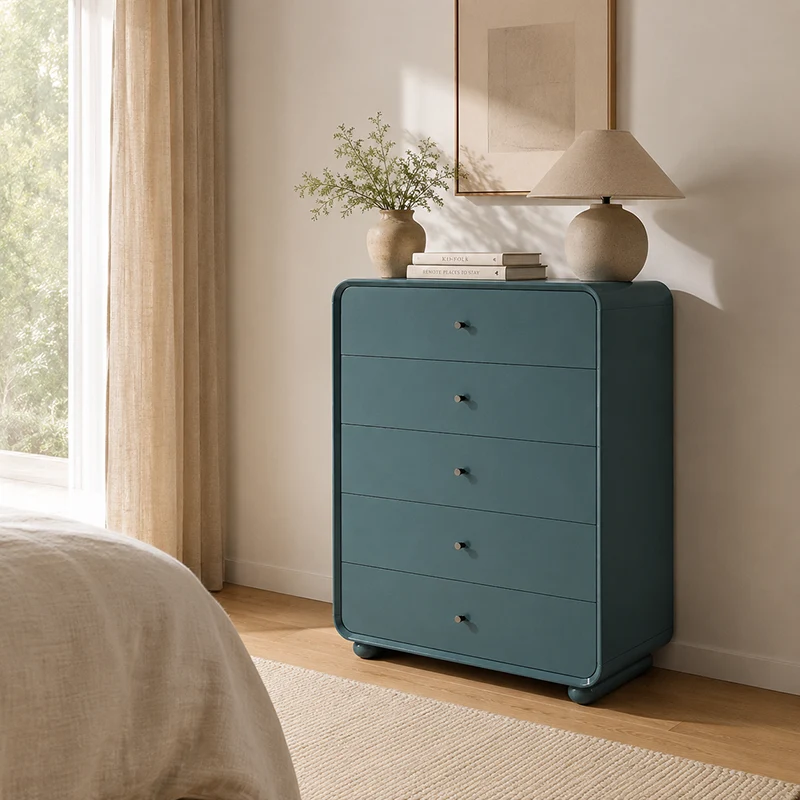 Rounded Edge Design, White Or Peacock Blue Finish Storage Cabinet - Nordic Cabinet With 5/8 Drawers, Durable MDF, Chest Of Drawers For Home Organization For Living Room