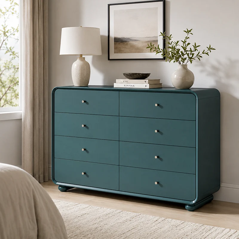 Rounded Edge Design, White Or Peacock Blue Finish Storage Cabinet - Nordic Cabinet With 5/8 Drawers, Durable MDF, Chest Of Drawers For Home Organization For Living Room