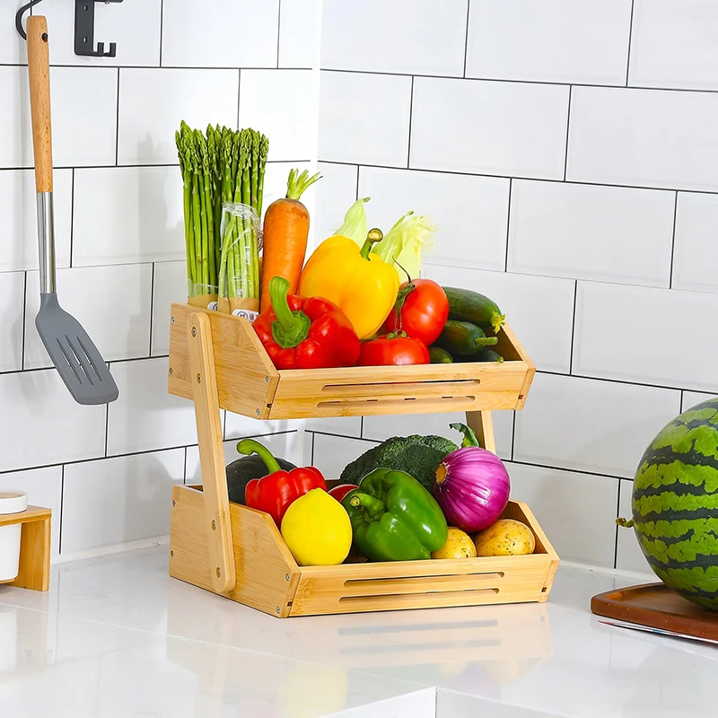 Contemporary Scandinavian Rectangular Bamboo Fruit Basket Desktop Storage Shelf 2/3 Tier For Kitchen