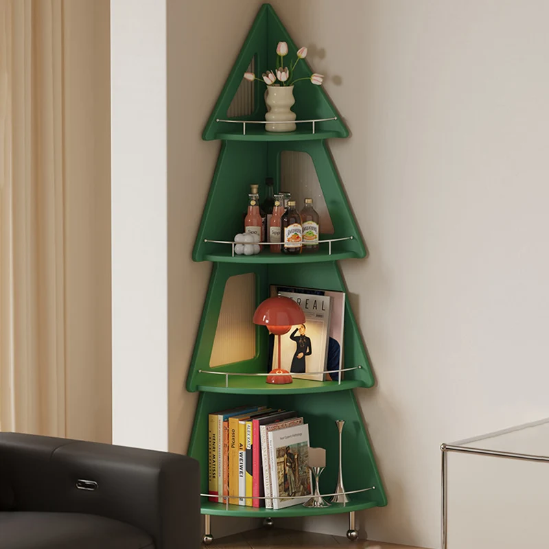 Contemporary Creative Christmas Tree Solid Wood Stainless Steel Space-Saving Corner Storage Shelf 4-Layer For Living Room & Study