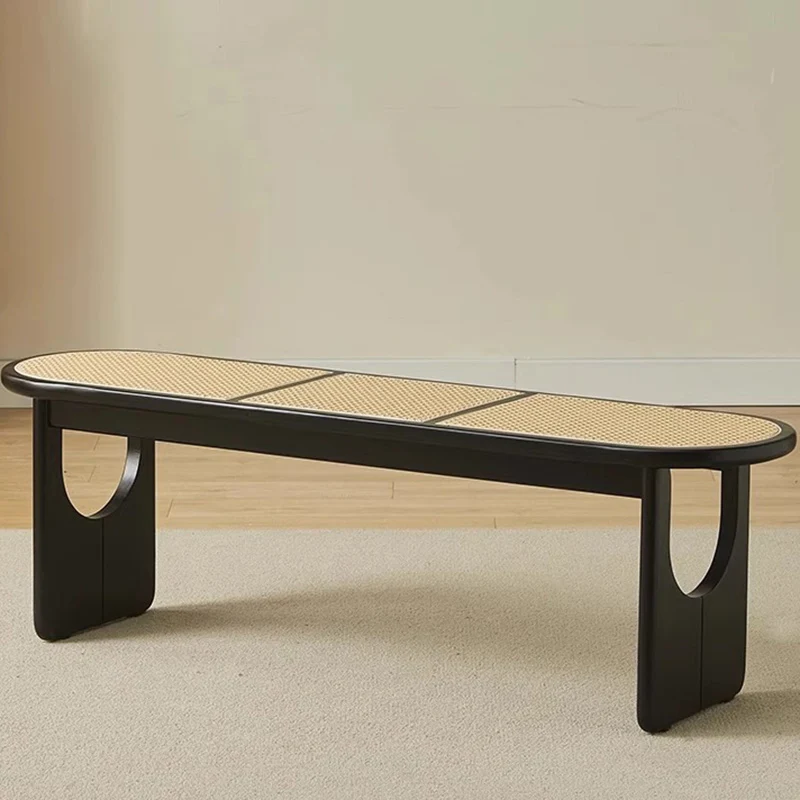 Contemporary Scandinavian Ellipse PE Rattan Weaving Rubberwood Bench Backless Armless For Living Room