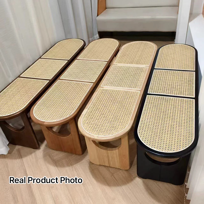 Contemporary Scandinavian Ellipse PE Rattan Weaving Rubberwood Bench Backless Armless For Living Room
