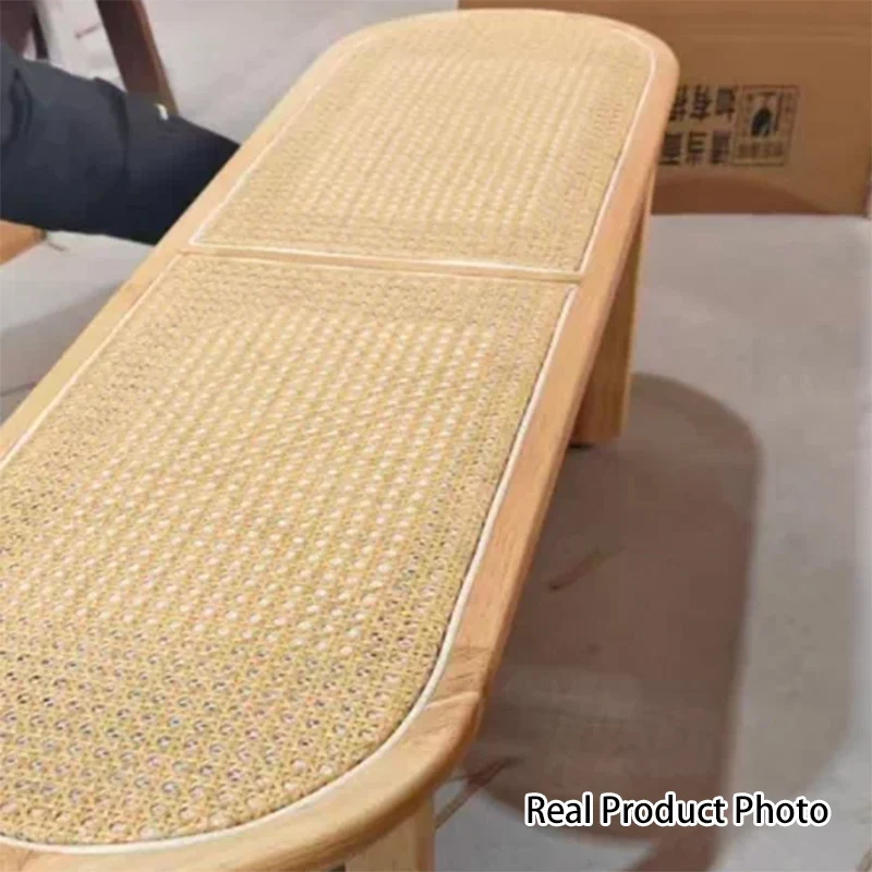 Contemporary Scandinavian Ellipse PE Rattan Weaving Rubberwood Bench Backless Armless For Living Room