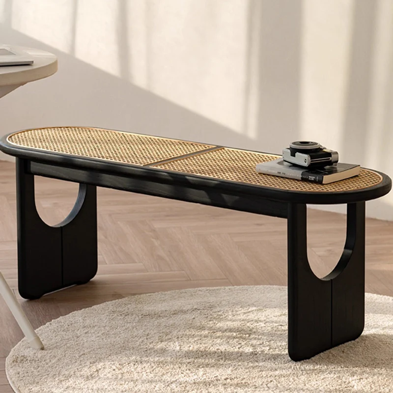 Contemporary Scandinavian Ellipse PE Rattan Weaving Rubberwood Bench Backless Armless For Living Room