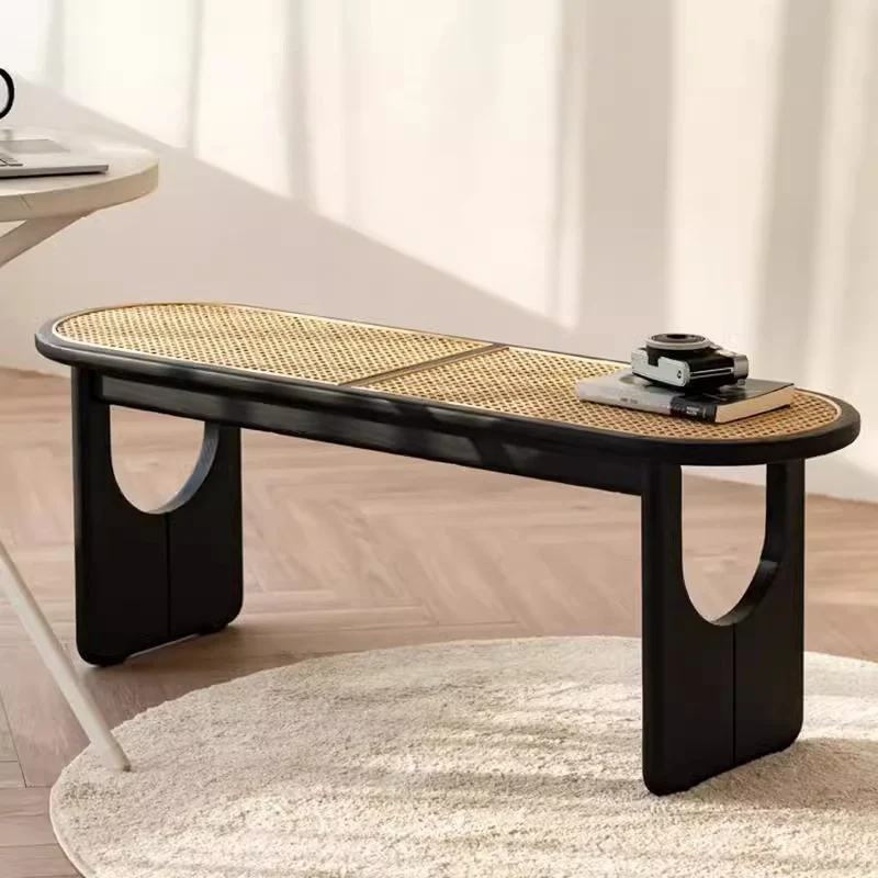 Contemporary Scandinavian Ellipse PE Rattan Weaving Rubberwood Bench Backless Armless For Living Room