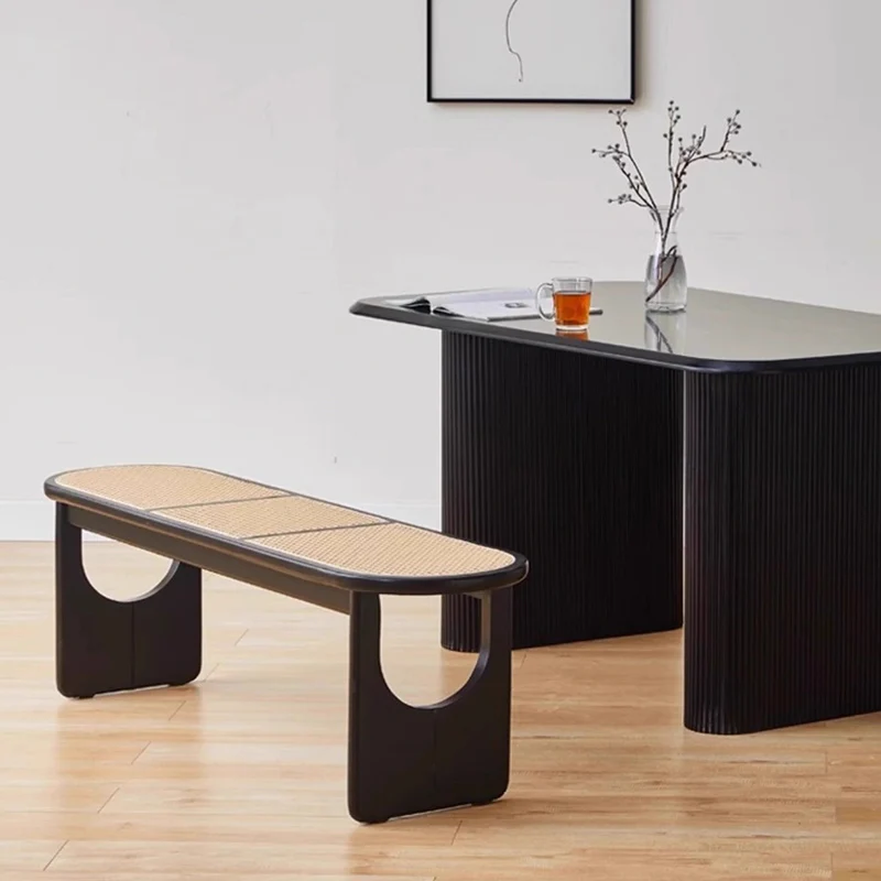 Contemporary Scandinavian Ellipse PE Rattan Weaving Rubberwood Bench Backless Armless For Living Room