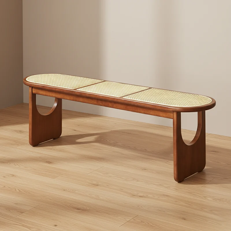 Contemporary Scandinavian Ellipse PE Rattan Weaving Rubberwood Bench Backless Armless For Living Room