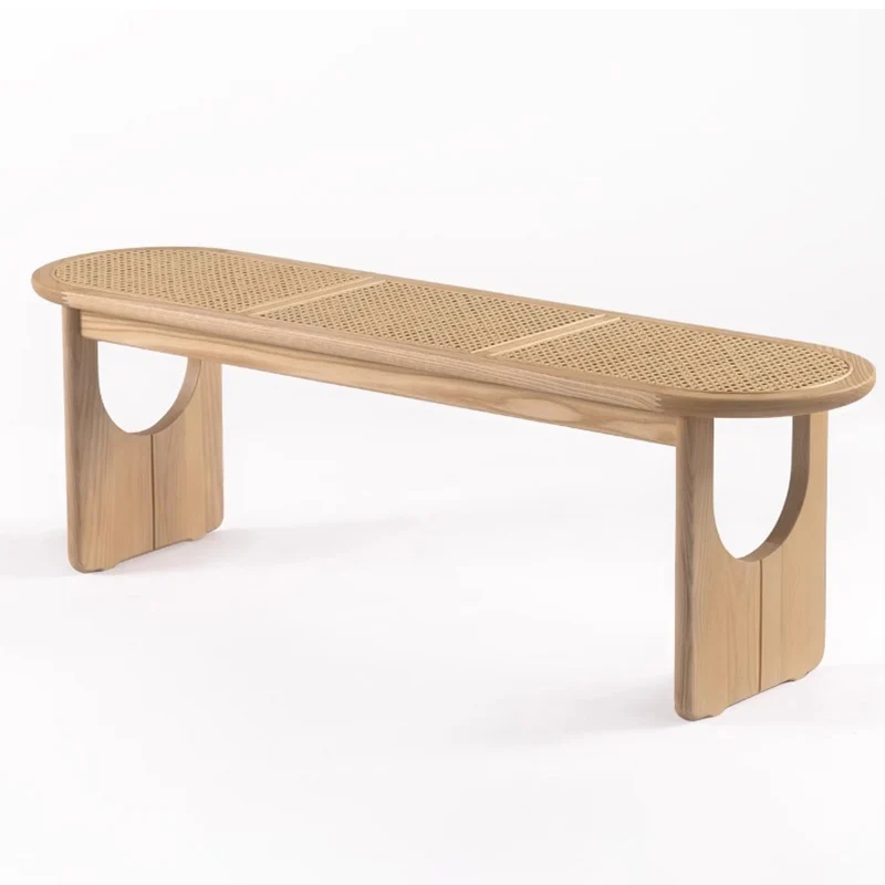 Contemporary Scandinavian Ellipse PE Rattan Weaving Rubberwood Bench Backless Armless For Living Room