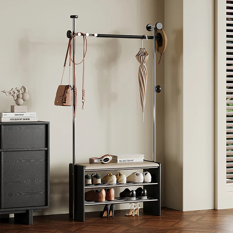 Contemporary Retro Rubberwood & Stainless Steel Faux Leather Rectangular Coat Rack Shoe Bench Entryway Storage With Hooks Multifunction Hallway Organizer