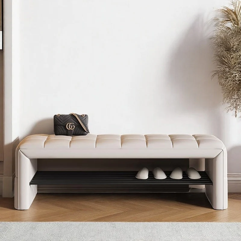 Modern Luxury Faux Leather Larch Wood & Plywood Rectangular Shoe Bench With Open Storage Shelf For Entryway
