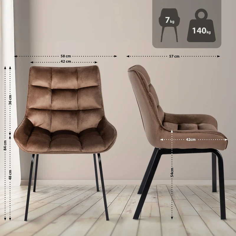 Lot de 2 chaises de salle à manger en velours marron généreusement rembourrée piètement en métal noir 10_0007681