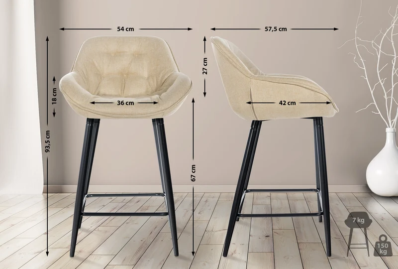Lot de 2 tabourets de bar chaises hautes assise effet capitonnée en tissu crème et métal noir 10_0004167