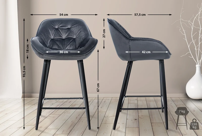 Lot de 2 tabourets de bar chaises hautes assise effet capitonnée en velours gris foncé et métal noir 10_0004161