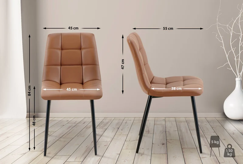 Lot de 4 chaises de salle à manger coutures forme carrées en PVC marron pieds en métal noir 10_0007727