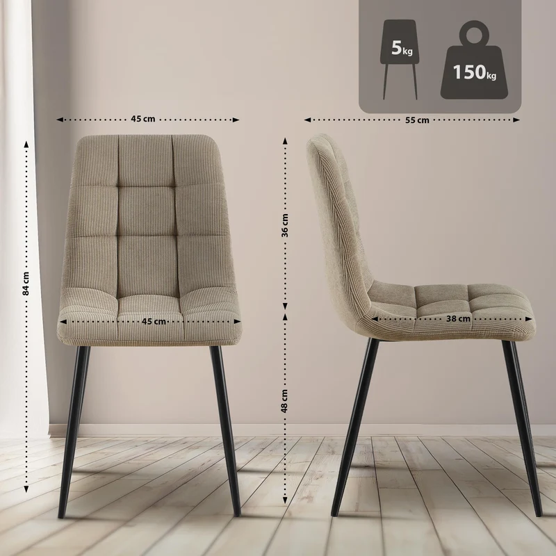 Chaise de salle à manger x1 coutures décoratives carrées en velours côtelé taupe et métal noir 10_0007260