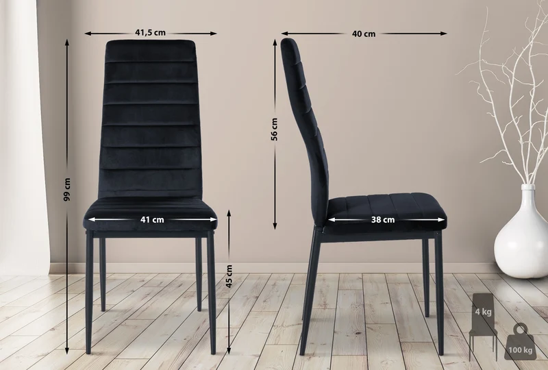 Lot de 4 chaises de salle à manger design simple en tissu velours avec couture noir cadre en métal noir CDS10405