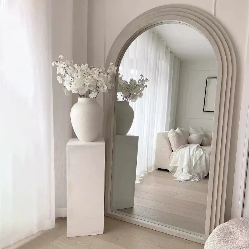Contemporary Retro Pine Wood Arched Leaning Full-Length Mirror For Bedroom & Living Room Elegant Floor Mirror