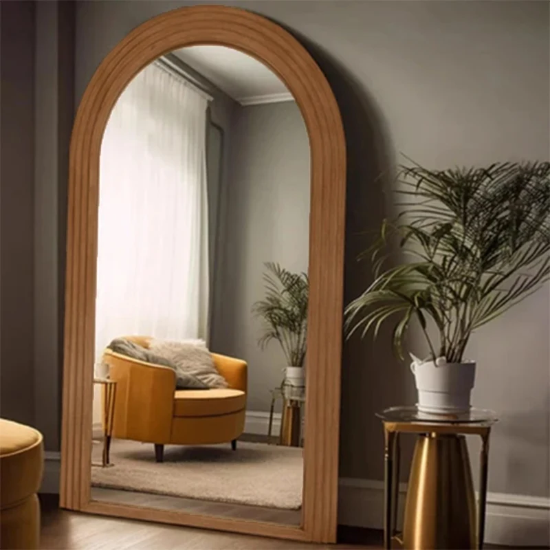 Contemporary Retro Pine Wood Arched Leaning Full-Length Mirror For Bedroom & Living Room Elegant Floor Mirror